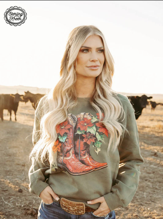 Poinsettia Boots Crewneck Sweatshirt