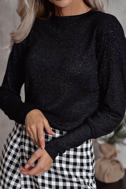 Black Glitter Round Neck Long Sleeve Top