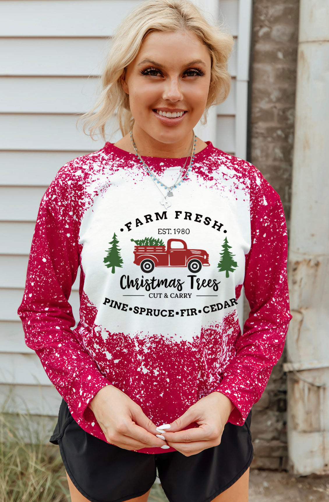 Red Speckled Farm Fresh Christmas Trees Top