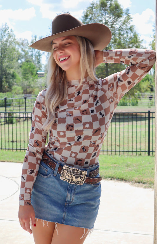 Brown Cowboy Mesh Top