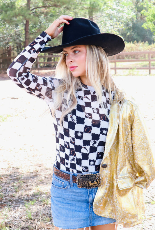 Black Cowboy Mesh Top