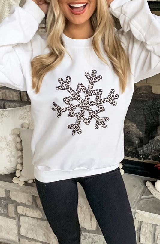 White Leopard Snowflake Pullover Sweatshirt