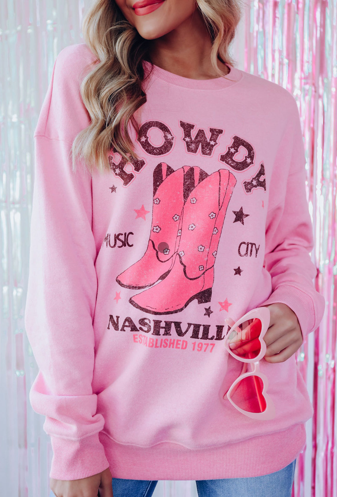 Pink HOWDY NASHVILLE Vintage Western Graphic Sweatshirt