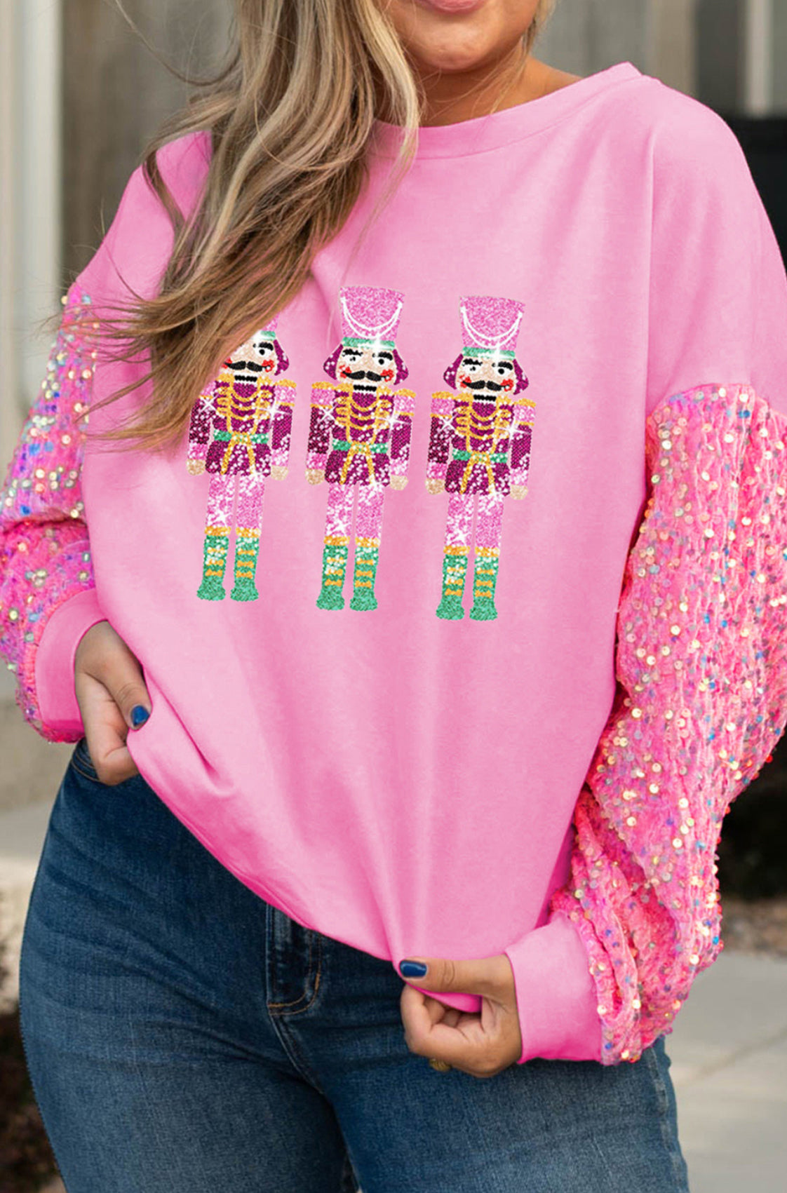 Pink Christmas Nutcracker Graphic Sequin Sleeve Sweatshirt