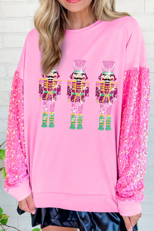 Pink Christmas Nutcracker Graphic Sequin Sleeve Sweatshirt