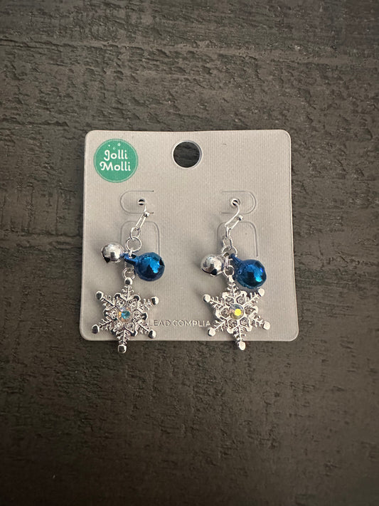 Blue Jingle Bell Snowflake Earrings